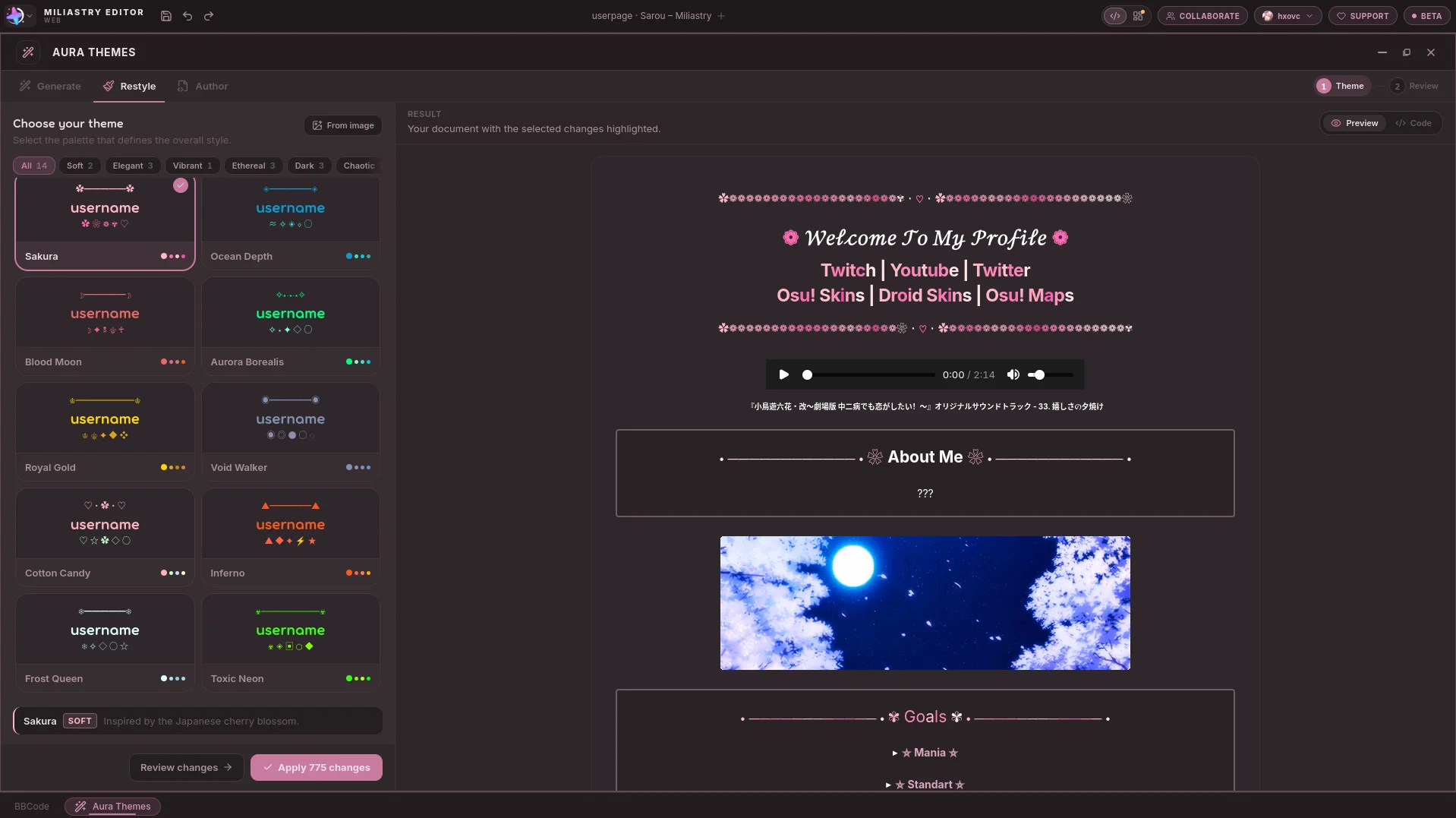Aura Themes de Miliastry: una cuadrícula de doce temas a la izquierda y la vista previa de la página reestilizada a la derecha.