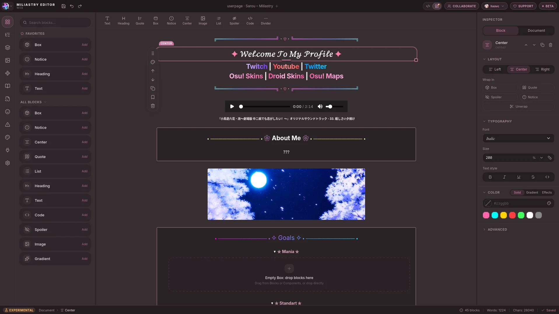 Canvas Studio de Miliastry: la paleta de bloques a la izquierda, la userpage renderizada en el centro con un bloque seleccionado y el inspector a la derecha.