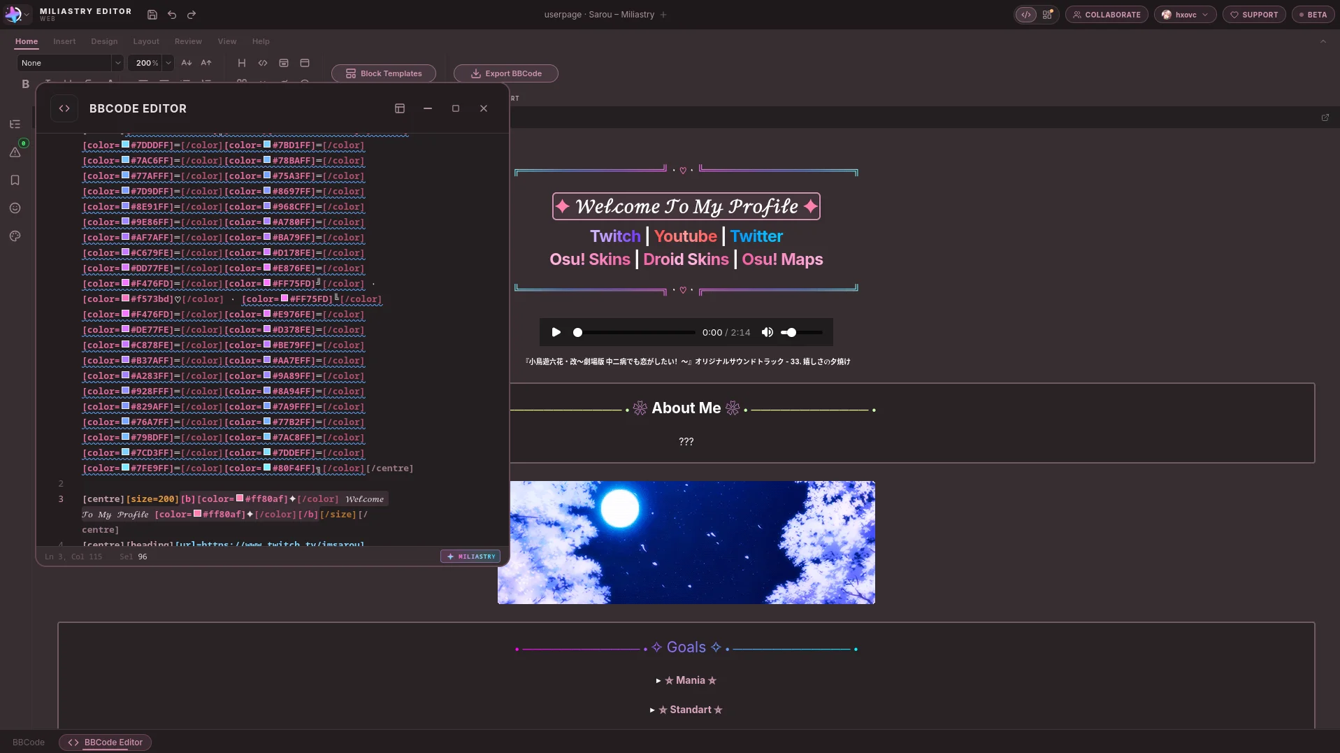 El editor de BBCode de Miliastry sobre una userpage renderizada: el BBCode de la página a la izquierda y la vista previa de osu! a la derecha.