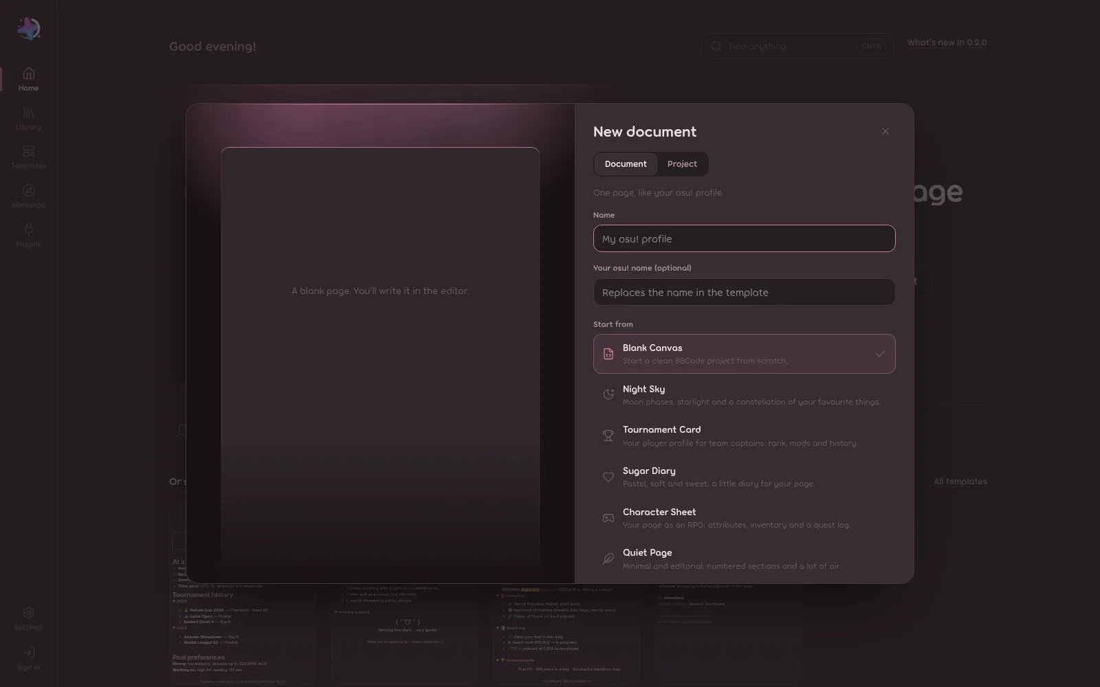 El diálogo de documento nuevo: nombre, nombre de osu! opcional y los puntos de partida Blank Canvas, Night Sky, Tournament Card, Sugar Diary, Character Sheet y Quiet Page.