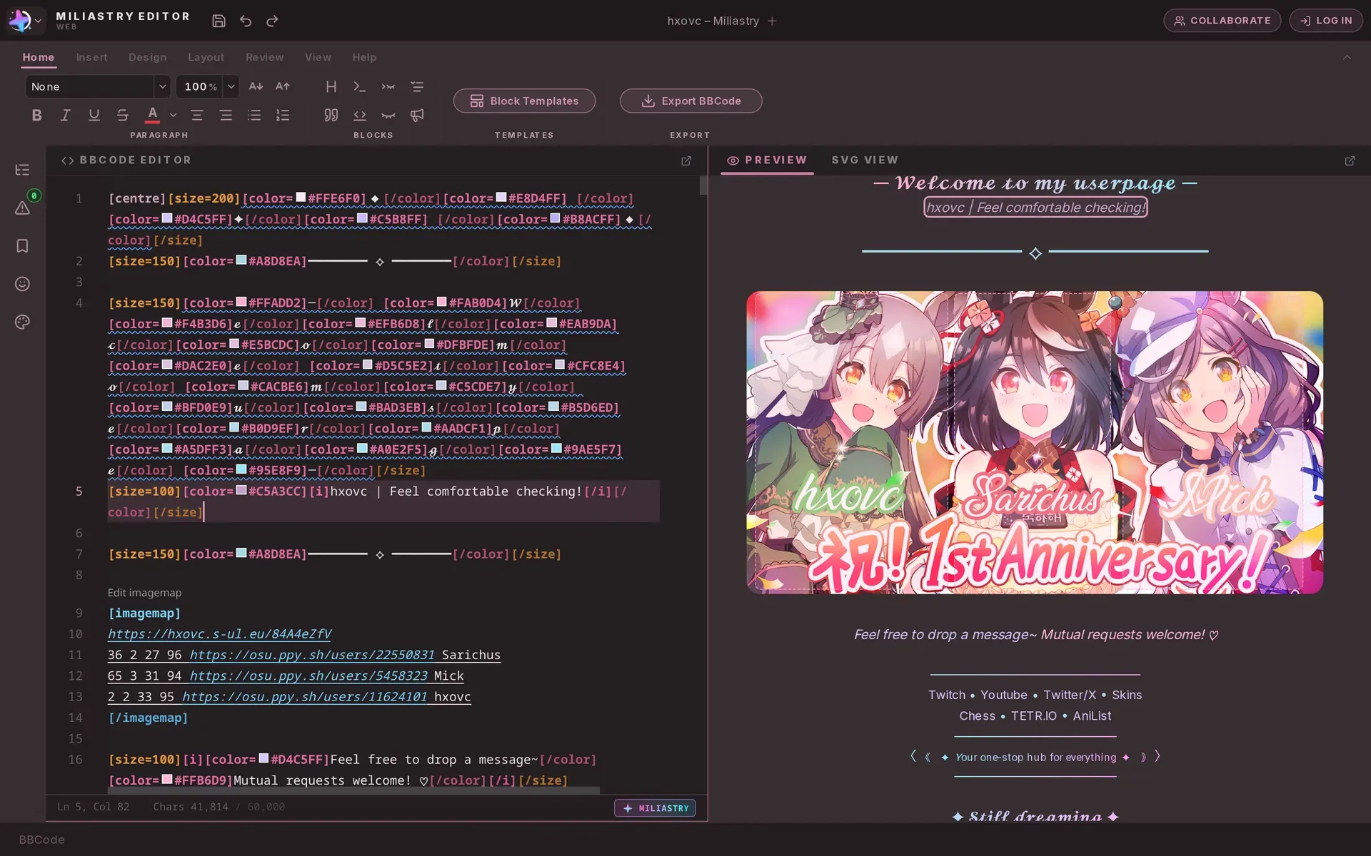 El editor de Miliastry sobre una userpage real: el BBCode a la izquierda, la vista previa a la derecha y el ribbon arriba.
