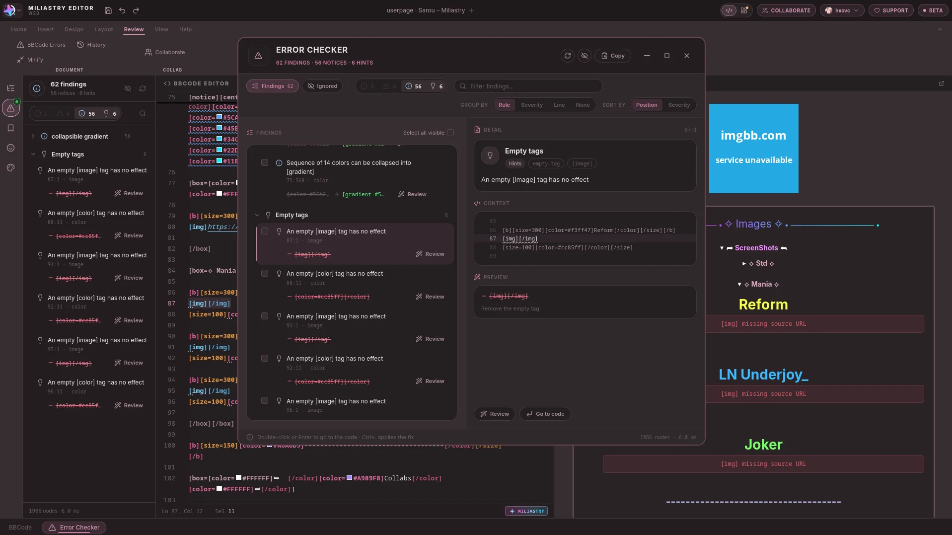 El verificador de errores de Miliastry con 62 hallazgos agrupados por regla, el detalle del hallazgo seleccionado y su vista previa, sobre el editor de BBCode.